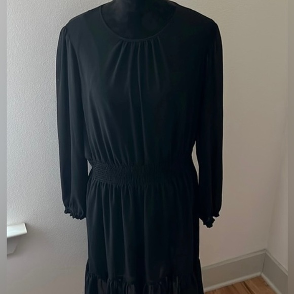 J Crew Black Dress Poly Sheer Lined Layered Cinch Waist Long Sleeved. VGUC Large - Picture 7 of 12